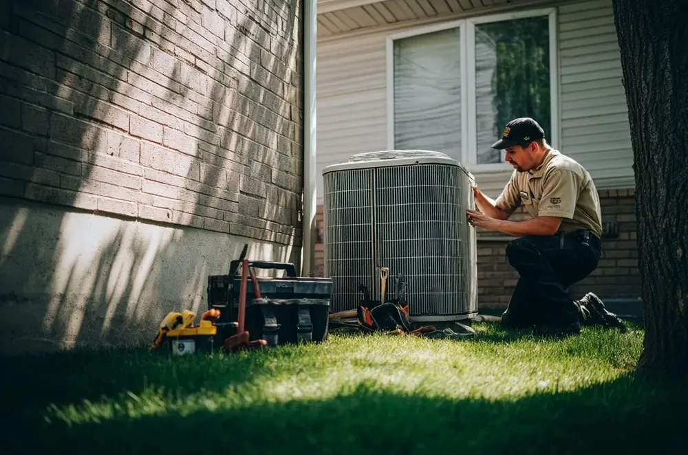 Technician servicing an outdoor AC unit