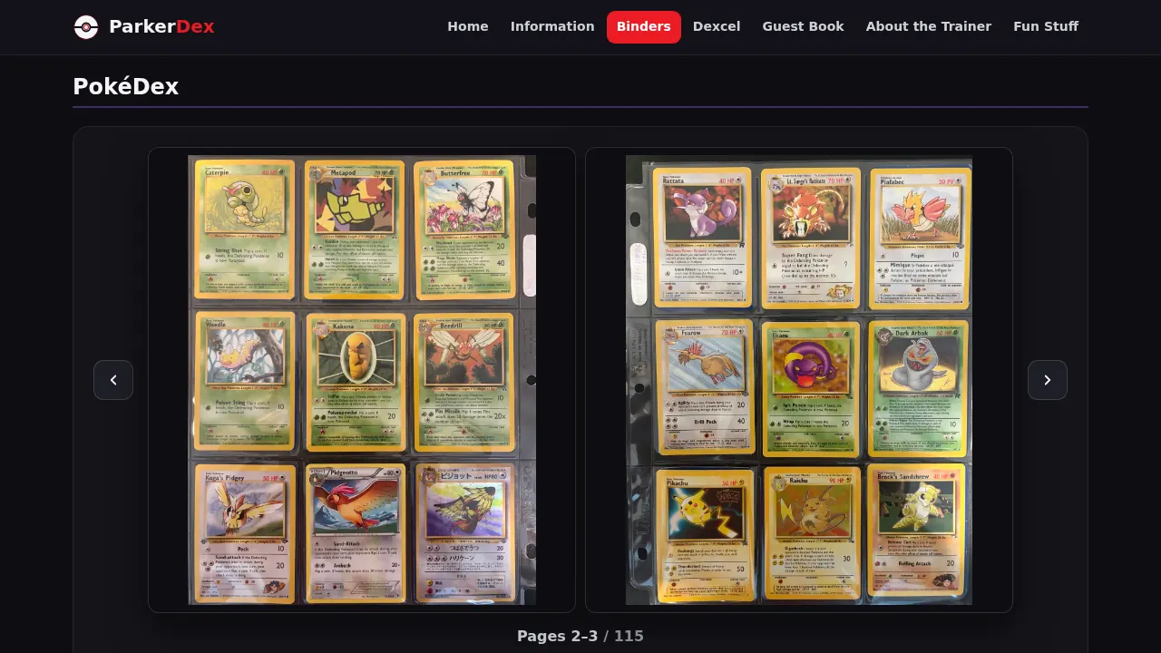 ParkerDex binder viewer: a two-page spread of photographed binder pages holding Pokémon cards, Caterpie through Brock's Sandshrew, with arrows to flip pages